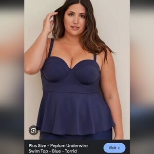 Torrid Plus Size Blue Peplum Underwire Swim Top Lightly Lined Mid Coverage 2DDF